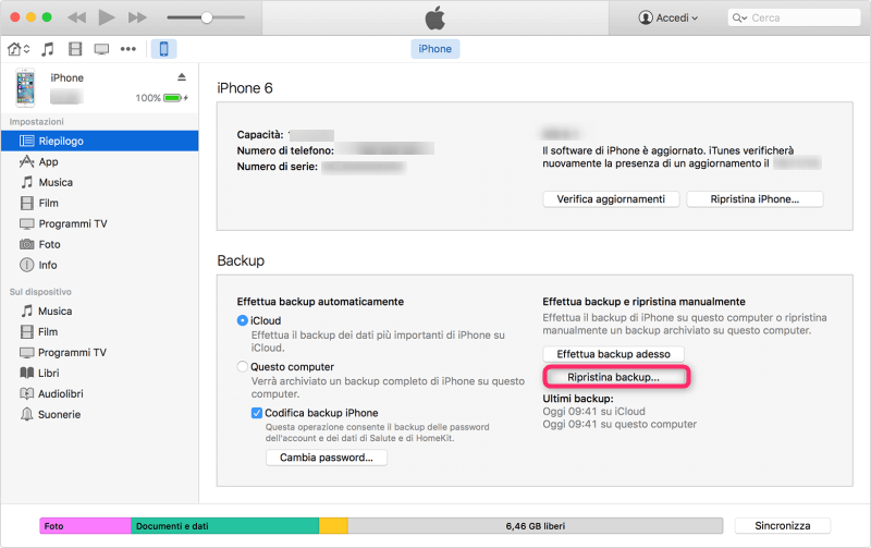 Ripristina il nuovo iPhone dal backup di iTunes