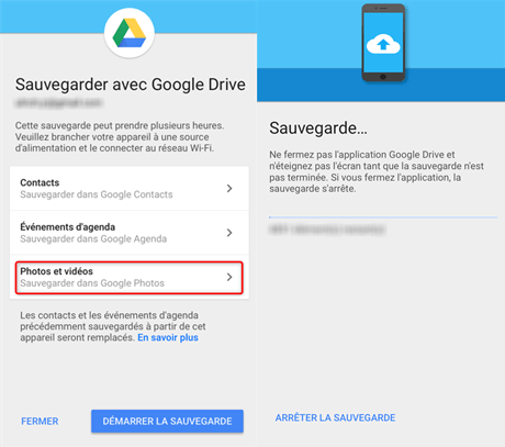 Sauvegarde des photos dans Google Drive
