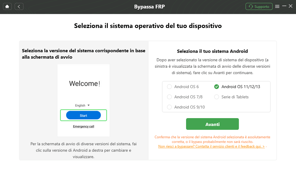 Scegli la versione Android