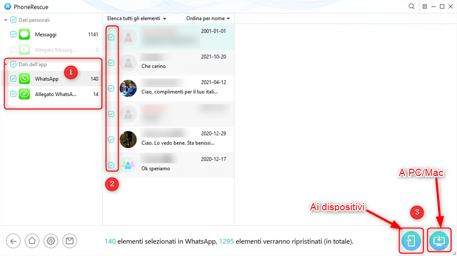 Seleziona Messaggi WhatsApp da ripristinare