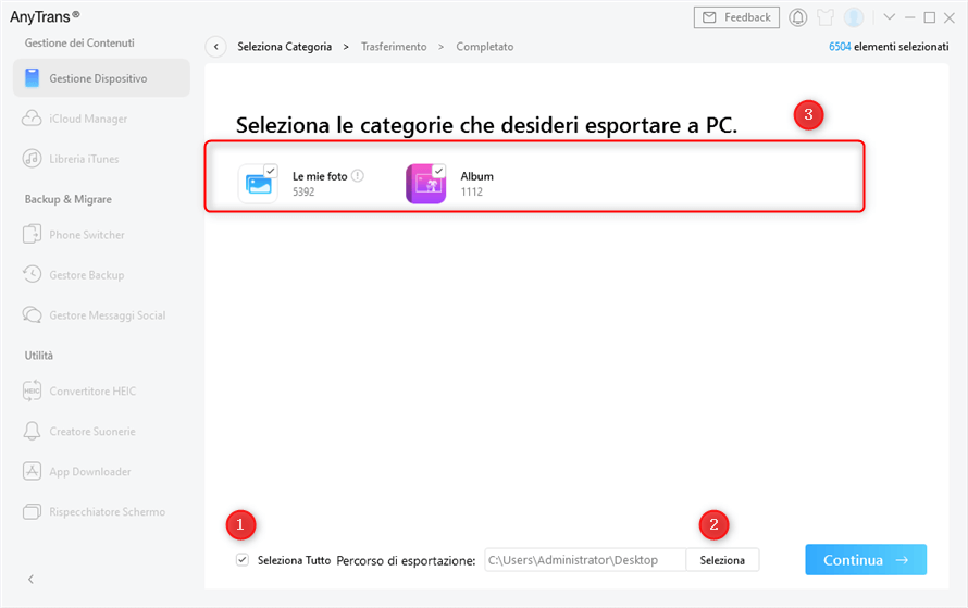 seleziona tutte le foto da trasferire