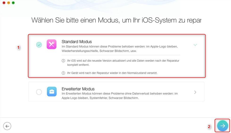 Standard-Modus wählen, um das iOS-Gerät zu reparieren