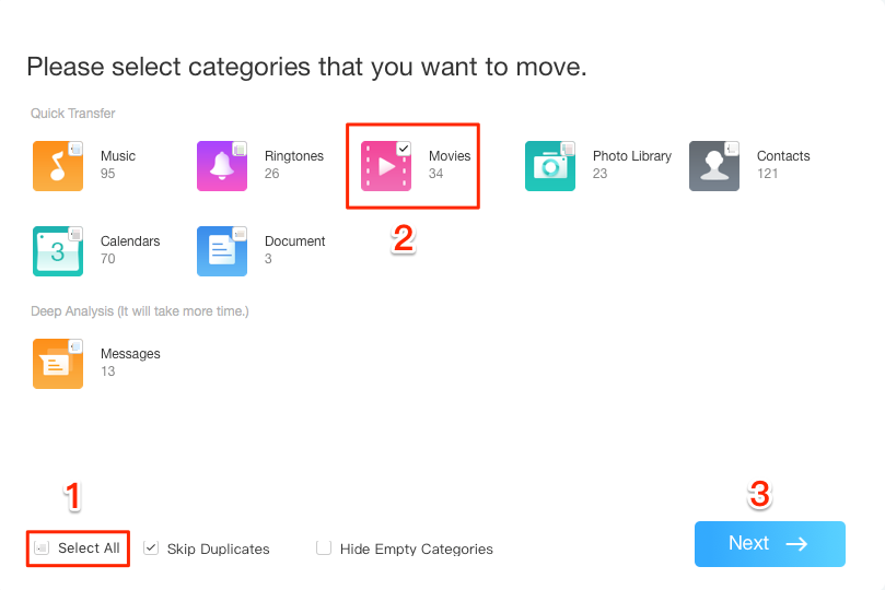 Select Videos and Click Next to Transfer