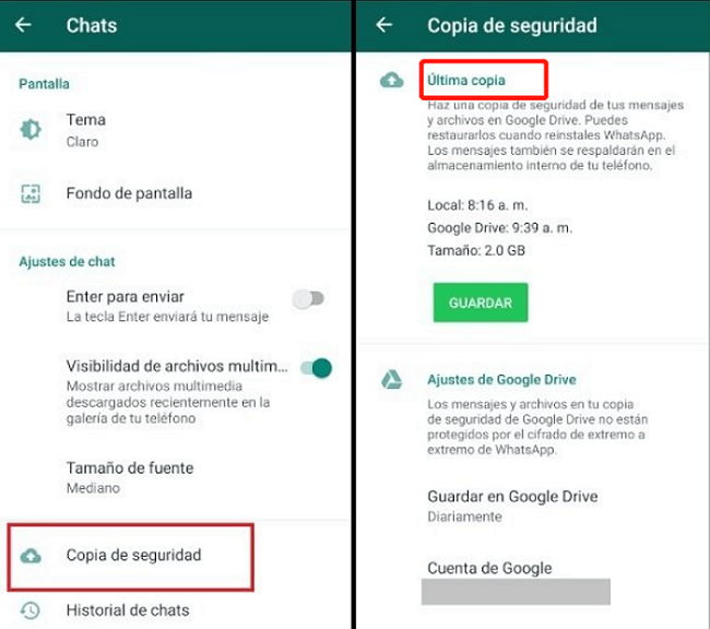 Ve la opción de “Copia de seguriad”